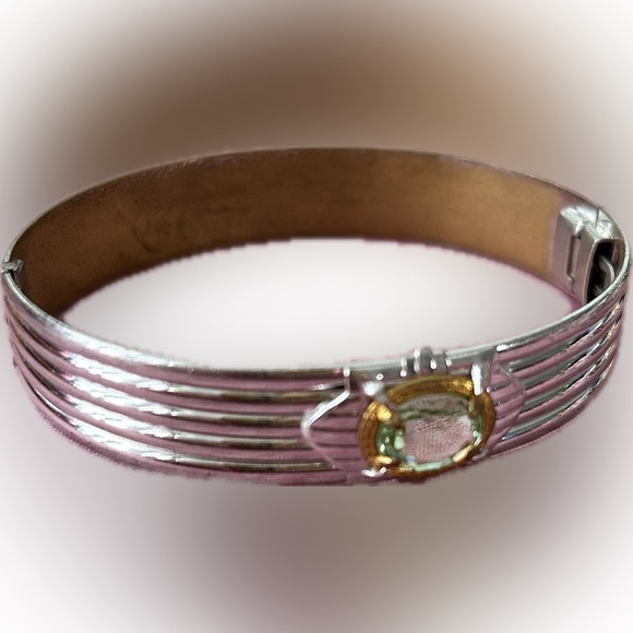 Vintage Silver Art Deco Style Hinged Bangle Bracelet possible peridot green gem - Picture 1 of 4